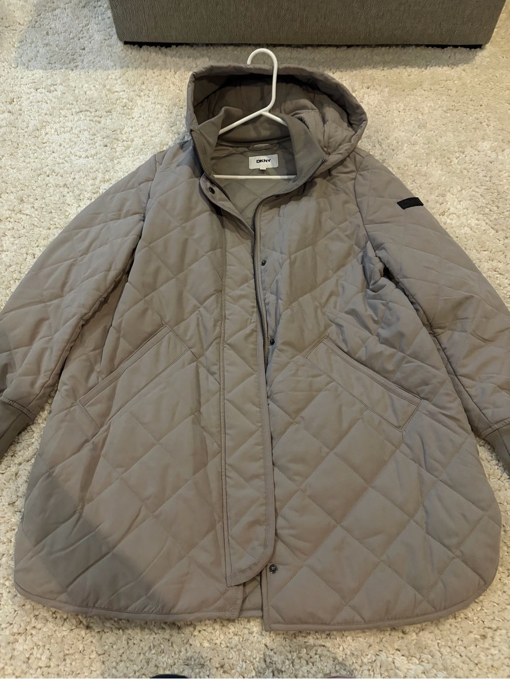 DKNY Quilted Hooded Puffer Coat in Taupe